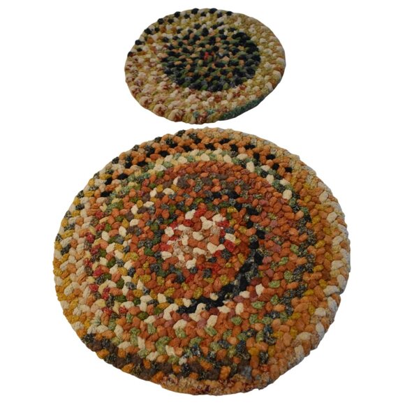 2 Vintage 1970's Chanille Rag Rug Trivets Table Pads Size 12in & 8in - Picture 1 of 7